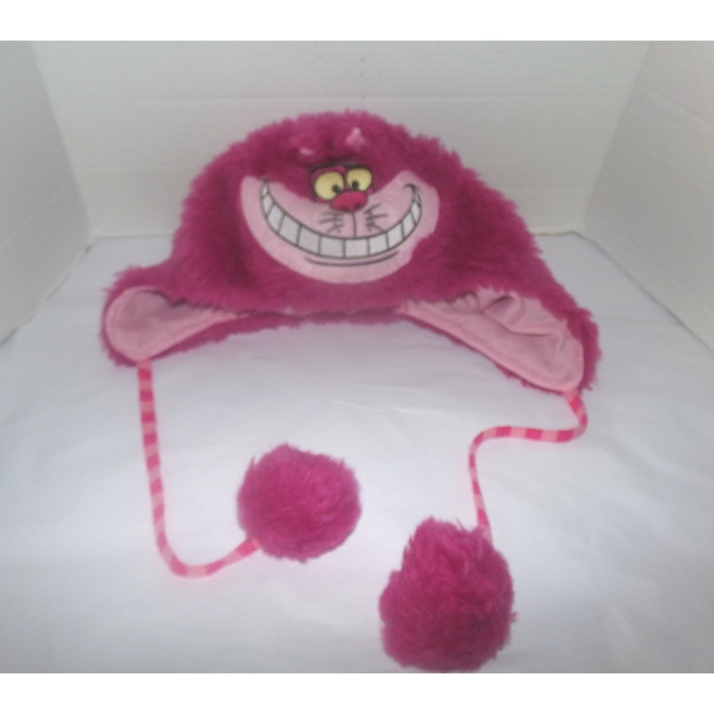 Disney Alice in Wonderland Cheshire Cat Pink Faux Fur Trapper Hat Pom Poms